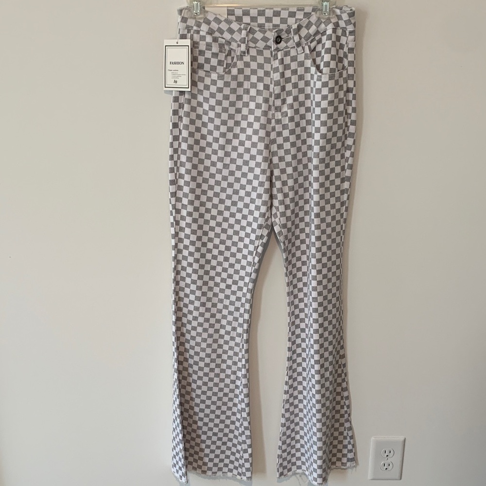 Gray & white checked ( designer inspired)bell bottom  pants size 10 NWT
